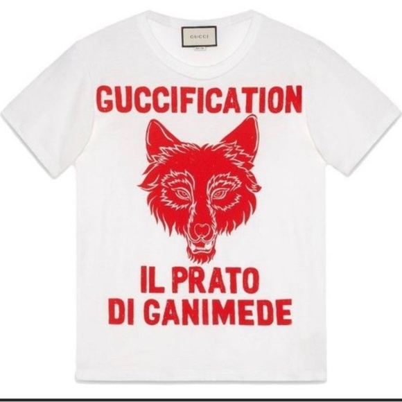 Gucci Printed Guccification White Logo & Wolf Printed Cotton T-shirt Sz S UNISEX - Picture 5 of 12
